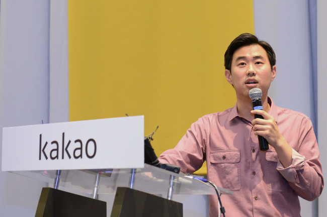 Kakao CEO Rim Ji-hoon speaks during a press conference held at the company’s Jejudo headquarters on Tuesday. (Kakao)