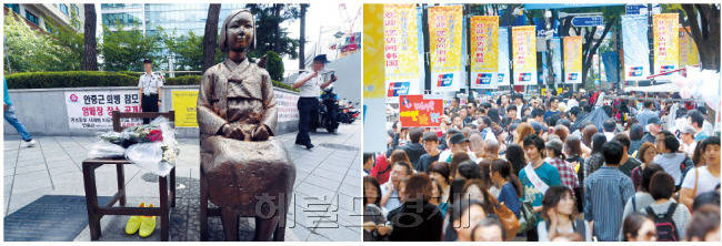위안부 소녀상(왼쪽)과 중국 관광객들로 북적이는 서울 거리.[사진=헤럴드경제DB]