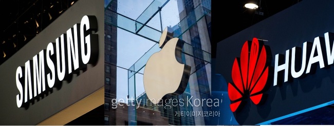 삼성전자, 애플, 화웨이의 로고.[사진출처=게티이미지]
