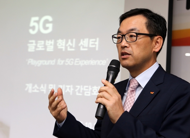 SKT CTO Choi Jin-sung delivers a speech at the opening ceremony of the firm’s R&D center 5G Playground in Bundang, Gyeonggi Province, on Thursday. (SKT)