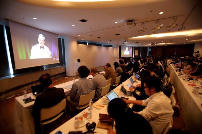 Alphabet executive chairman Eric Schmidt speaks via video during an Asia-Pacific press conference held in Tokyo on Tuesday.    Google