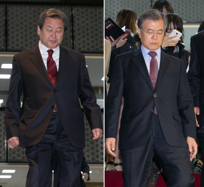 The Saenuri Party leader Rep. Kim Moo-sung(left) and the NPAD leader Rep. Moon Jae-in. Yonhap