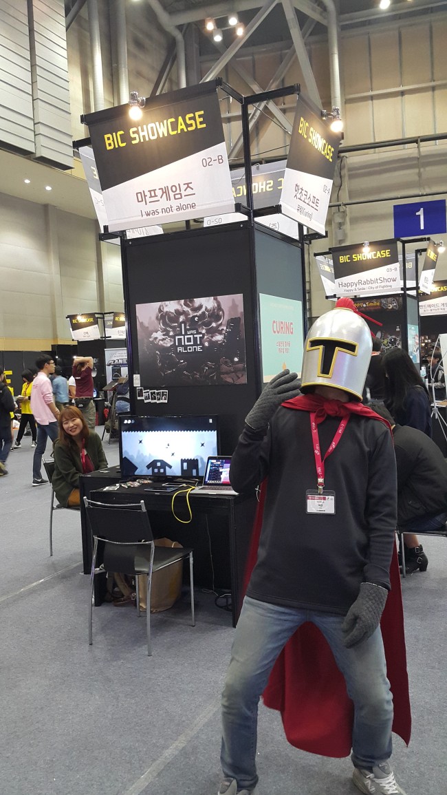 Heo San, cofounder and CTO of MAF Games, poses at his company’s exhibition booth at the G-Star game trade show in Busan on Friday. (Kim Young-won/ The Korea Herald)