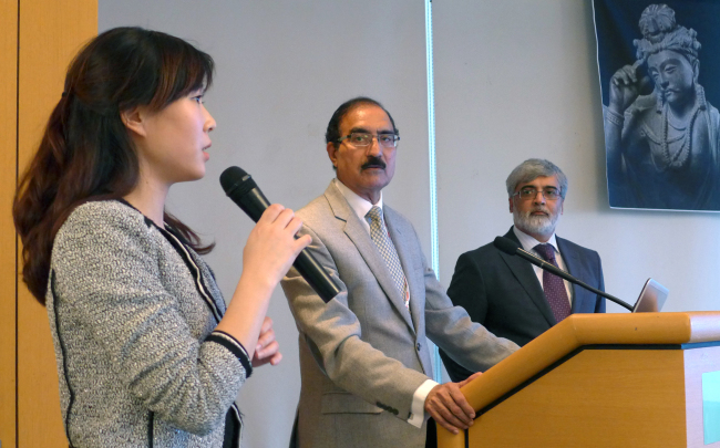 From left: Pakistani Embassy secretary Anna Kim, Pakistan Tourism Development Corporation managing director Kabir Ahmad Khan and Pakistani Ambassador Zahid Nasrullah Khan speak at a press conference on Nov. 9 to promote the Gandhara Civilization.   Joel Lee/The Korea Herald
From left: Pakistani Embassy secretary Anna Kim, Pakistan Tourism Development Corporation managing director Kabir Ahmad Khan and Pakistani Ambassador Zahid Nasrullah Khan speak at a press conference on Nov. 9 to promote the Gandhara Civilization.   Joel Lee/The Korea Herald