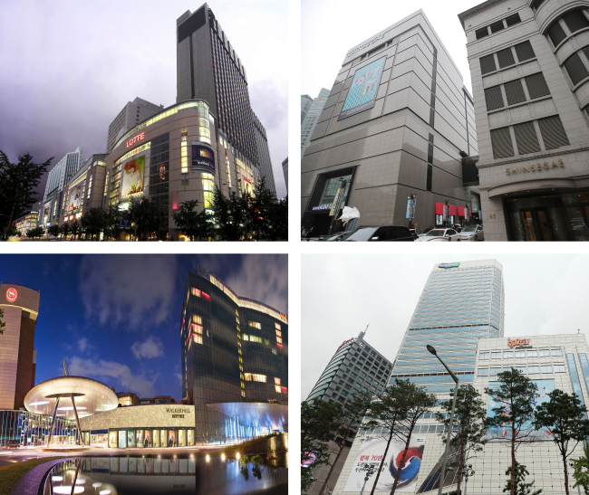 Four sites have been chosen to run duty-free shops in Seoul and Busan over the next five years. Clockwise from From left: Lotte Department Store in downtown Seoul; Shinsegae’s main department store; Shinsegae's duty-free shop in Busan; and the Doota building run by Doosan in Dongdaemun. (Yonhap)
