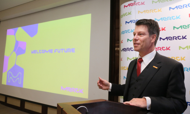 Merck Korea managing director Michael Grund delivers a speech at a press meeting in Seoul on Tuesday. (Merck Korea)