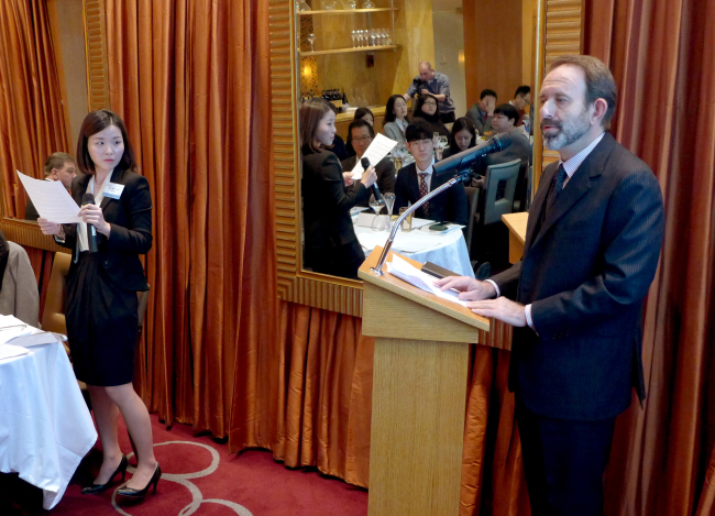 Italian Ambassador Marco della Seta (right) speaks to participants at a press conference organized to promote tourism in southern Italy last Friday.   Joel Lee/The Korea Herald