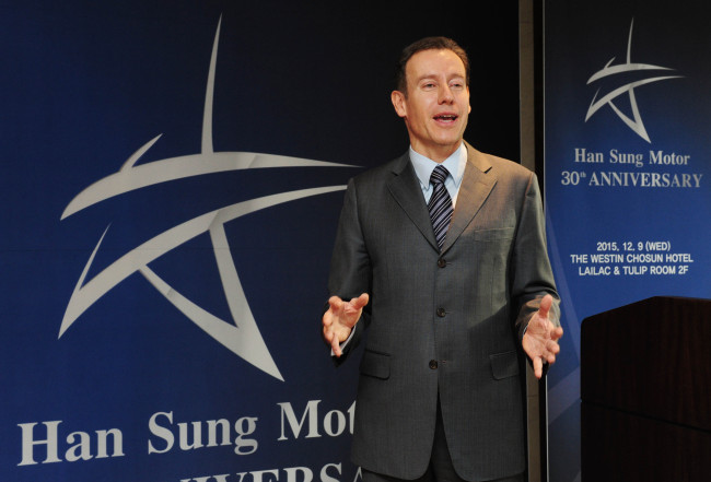 Han Sung Motor CEO Ulf Ausprung speaks during a press conference held Wednesday in Seoul. (Han Sung Motor)