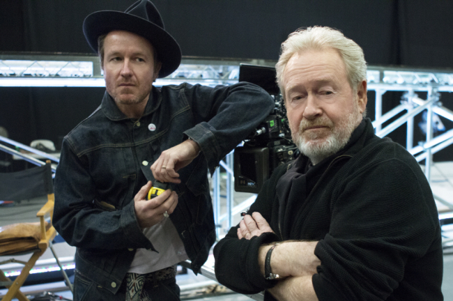 Film directors Ridley Scott and Jake Scott pose at a production studio for LG Electronics' Super Bowl commercial. (LGE)