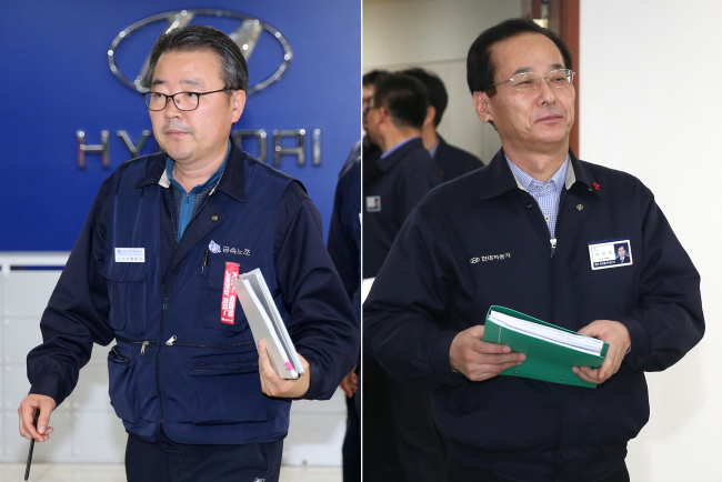 Hyundai Motor president Yoon Gap-han (right) and labor union leader Park Yoo-ki leave after reaching a tentative agreement on wage and other labor issues in Ulsan, Thursday.   Yonhap