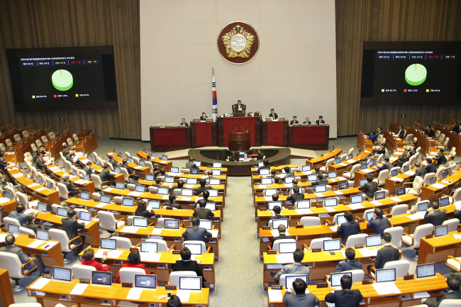 Lawmakers attend the last plenary session of the National Assembly of 2015 on Dec. 31.   Yonhap