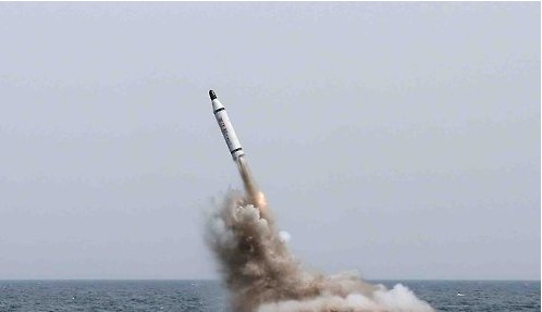 Photograph of a SLBM test launch released by Pyongyang in May, 2015. Yonhap
