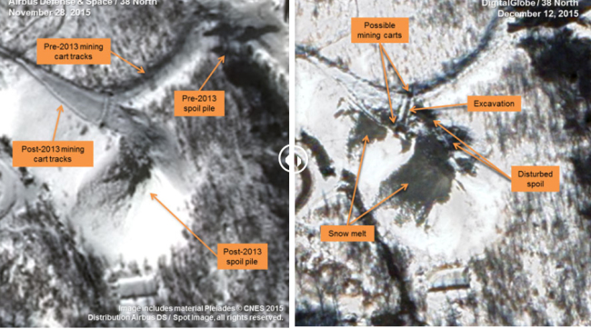 Construction is underway on a tunnel at Punggye-ri in North Korea in this satellite image taken on Nov. 30 (left) and Dec. 12, 2015.  (Yonhap)