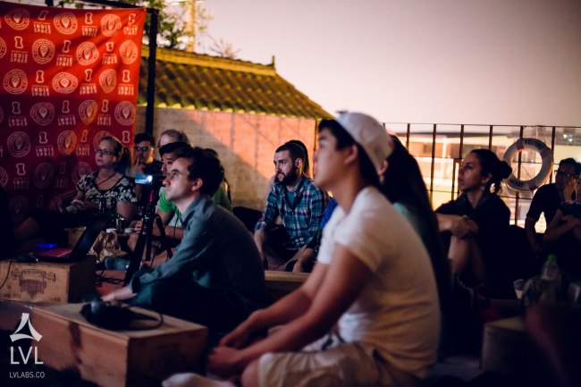 People gather for a rooftop screening at last year’s Korea International Expat Film Festival.   Lofbomm Visual Labs