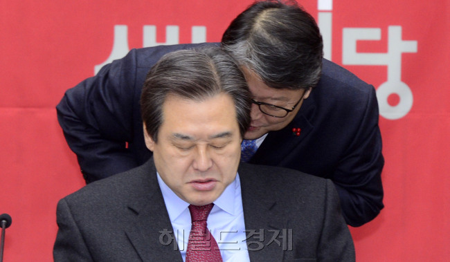 김무성 새누리당 대표가 15일 오전 서울 여의도 국회에서 열린 주요당직자회의에서 조원진 원내수석부대표와 이야기를 나누고 있다. 박해묵 기자/mook@heraldcorp.com