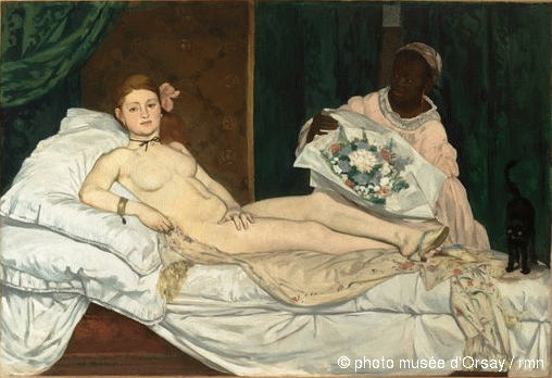 “Olympia” by Edouard Manet. Luxembourt artist Deborah de Robertis was arrested Sunday after she posed naked in front of the painting. (Musee d’Orsay)