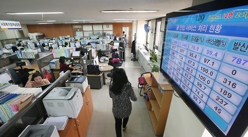 Counselors work at a welfare call center in Gwacheon, Gyeonggi Province, where counseling is offered for various health and welfare-related issues including suicidal thoughts and abuse.  Yonhap