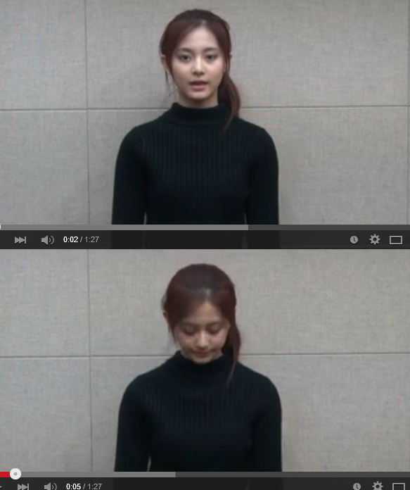 JYP’s K-pop star Tzuyu apologizes to China in a YouTube video posted Friday for waving a Taiwanese flag. (Yonhap)