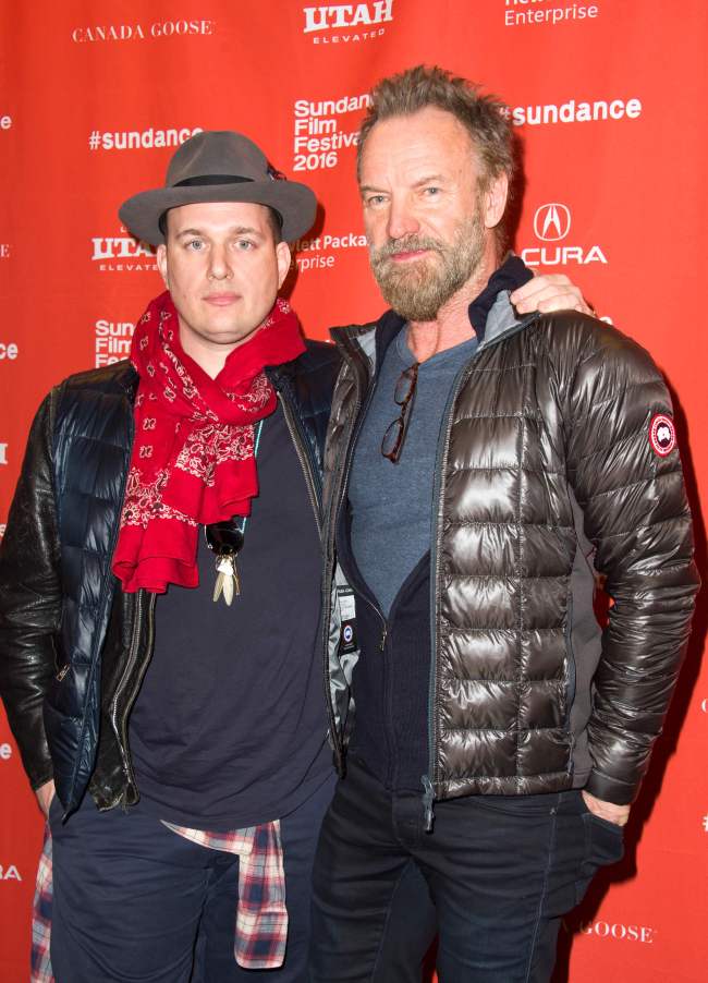 Composer J. Ralph (left) and recording artist Sting attend the world premiere of “Jim: The James Foley Story” at the Yarrow Theater, in Park City, Utah, on Saturday. (AFP-Yonhap)