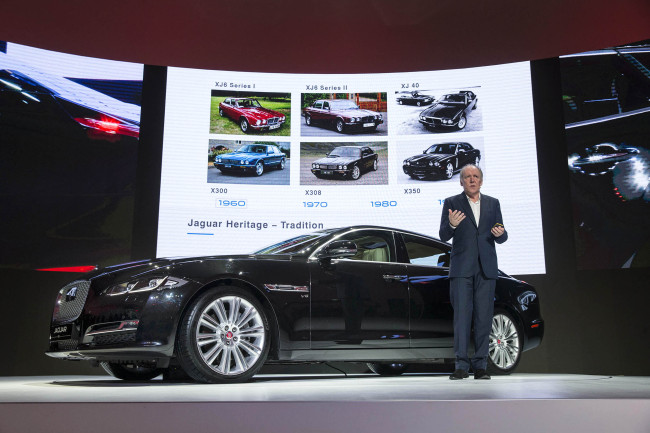 Jaguar’s director of design Ian Callum presents the new Jaguar XJ to the press on Monday at Dongdaemun Design Plaza in downtown Seoul.   Jaguar Land Rover Korea