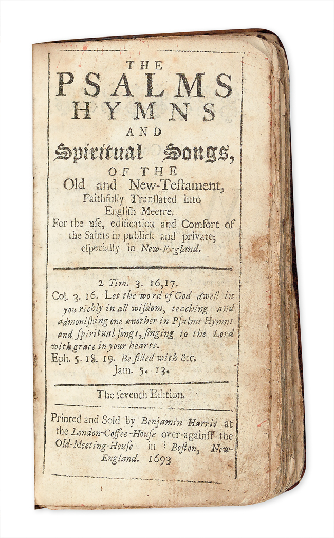 This 2015 photo provided by Swann Auction Galleries shows a page of the seventh edition of “The Bay Psalm Book” that once belonged to Jonathan Corwin. Corwin was a judge during the 1692 Salem witch trials. (Yonhap)