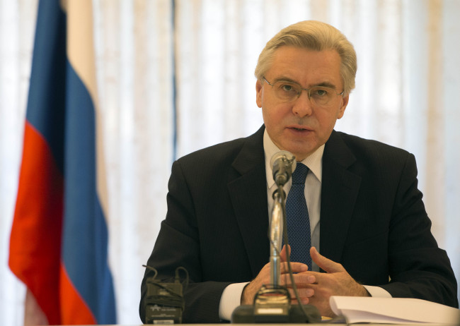 Russian Ambassador to South Korea Alexander Timonin speaks during a press meeting at his embassy in Seoul on Tuesday. (Yonhap)