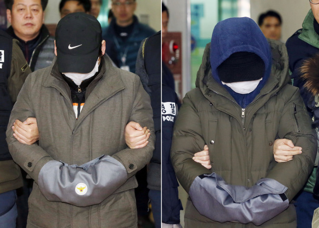Suspects in the death of a teenage girl are moved to a holding cell from Sosa Police Station in Bucheon, Gyeonggi Province, Wednesday. (Yonhap)