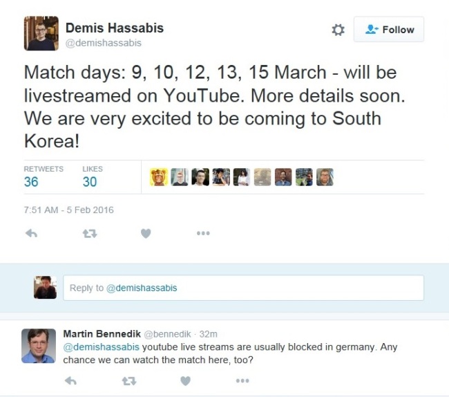 AI CHALLENGES HUMAN GO MASTER -- Google unveiled the schedule of the Go match between its artificial intelligence program AlphaGo and Korean Go champion Lee Se-dol on Friday. Demis Hassabis, the founder of Deep Mind, developer of the AI program and a subsidiary of Google, tweeted on the same day that a total of five games will be held from March 9 to 15 in Korea. More details of the match will be revealed soon. (Kim Young-won/The Korea Herald)