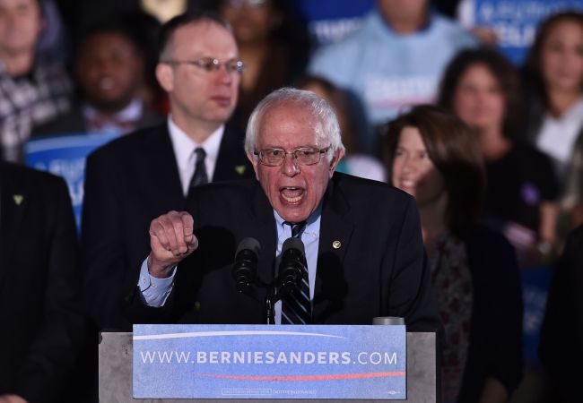 US Democratic presidential candidate Bernie Sanders speaks during the primary night rally in Concord, New Hampshire, on Feb. 9. AFP