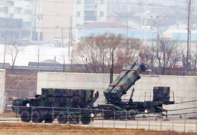 Patriot missile system stationed at the Osan Air Base in Pyeongtaek, Gyeonggi Province, Sunday. Yonhap