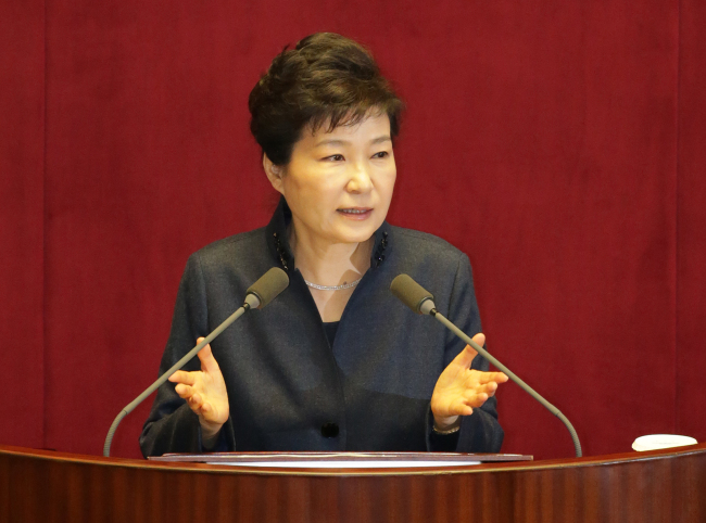 President Park Geun-hye speaks at the National Assembly on Tuesday. (Yonhap)