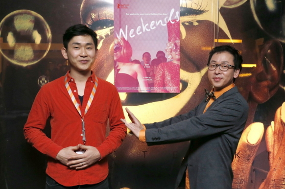 Kang Choe (left) and Jaewoo, two protagonists of the documentary film “Weekends,” pose at the Berlin Film Festival on Feb. 17. (Berlin International Film Festival)
