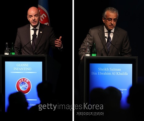 인판티노 UEFA 사무총장(왼쪽)과 살만 AFC 회장. [사진=게티이미지]