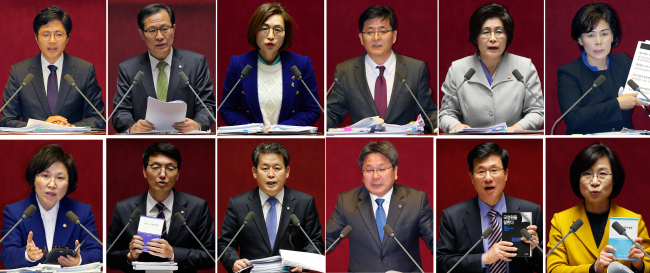 Photos of opposition lawmakers staging filibuster at the National Assembly. Yonhap