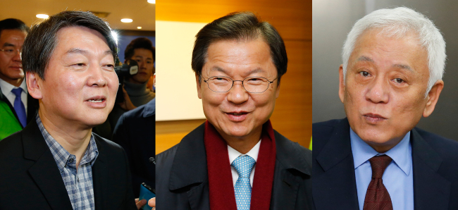 Leadership from the People's Party: Rep. Ahn Cheol-soo(left), Rep. Chun Jung-bae and Rep. Kim Han-gil. Yonhap