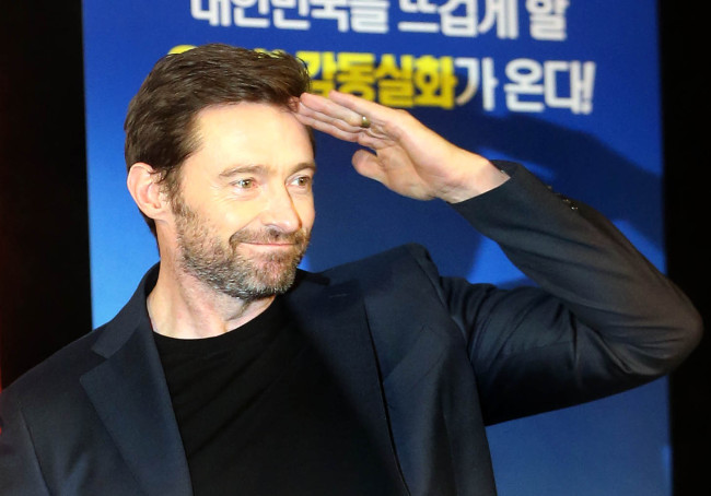Actor Hugh Jackman poses during a press conference at the Four Seasons hotel in Seoul on Monday for his latest film, “Eddie the Eagle.“ (Yonhap)
