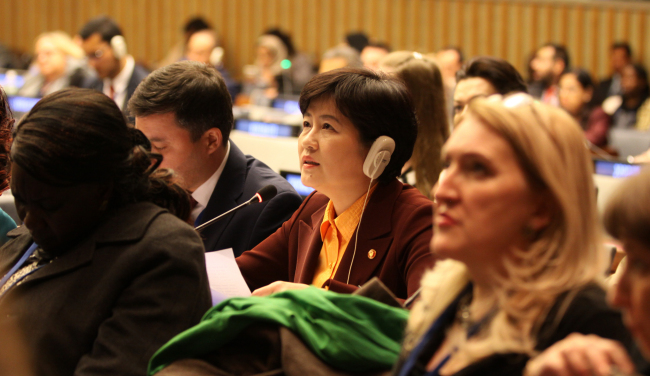 South Korea's Gender Minister Kang Eun-hee attends a U.N. meeting in New York. Yonhap