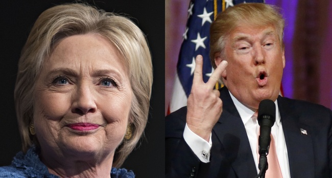 Hillary Clinton (left), former Secretary of State and 2016 Democratic presidential candidate, and Republican presidential candidate Donald Trump speaks during their respective campaign event in West Palm Beach, Florida, on Tuesday. (Bloomberg/AFP-Yonhap)