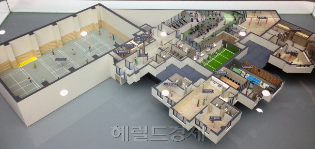 대형 체육관을 포함한 다양한 시설이 집약된 ‘평택 비전 2차 푸르지오’ 모형도.