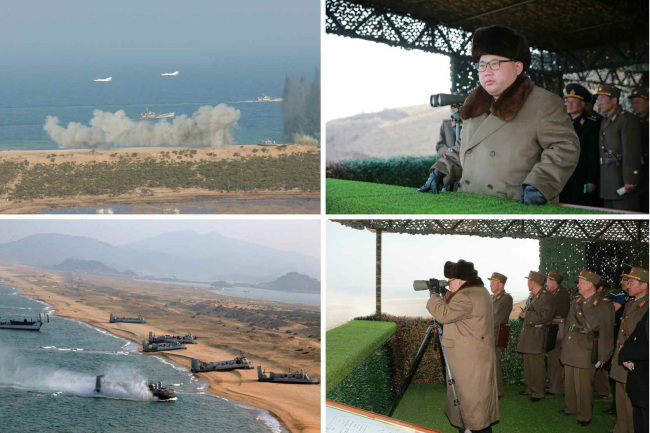 North Korean leader Kim Jong-un inspects military landing drills. (Yonhap)