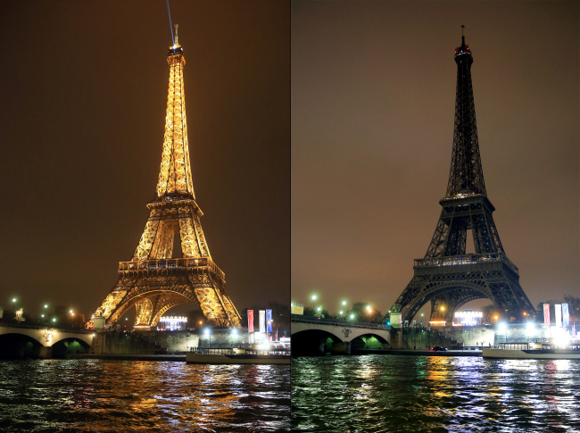 Combined photo shows the Eiffel Tower before (right) and after turning off lights for the annual Earth Hour event in Paris, France, Saturday. (Xinhua-Yonhap)