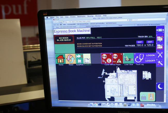 The control screen of the Expresso Book Machine at the PUF bookstore in Paris. (AP-Yonhap)