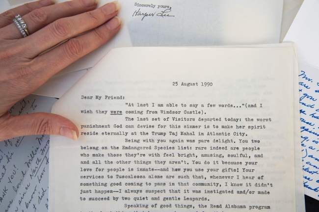 Some of the 29 personal correspondences by author Harper Lee are displayed Monday in Los Angeles, California. (AFP-Yonhap)