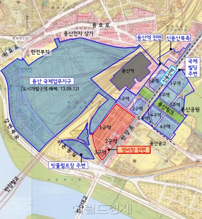 <워터마크/사진설명2> 용산정비창전면1구역(빨간 부분) 위치도.