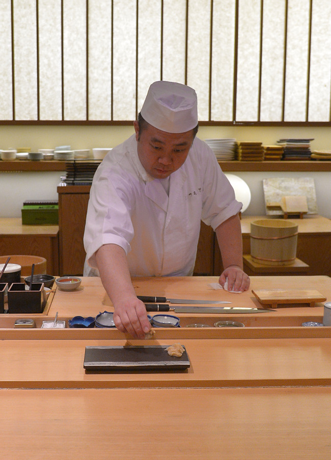 Head chef Matsumoto Mizuho focuses on serving classic nigiri and edomae sushi, one carefully crafted piece at a time. (Lee Sang-sub/The Korea Herald)