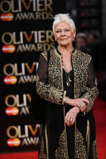 British actress Judi Dench poses on the red carpet upon arrival to attend the 2016 Laurence Olivier Awards in London on Sunday. (AFP-Yonhap)