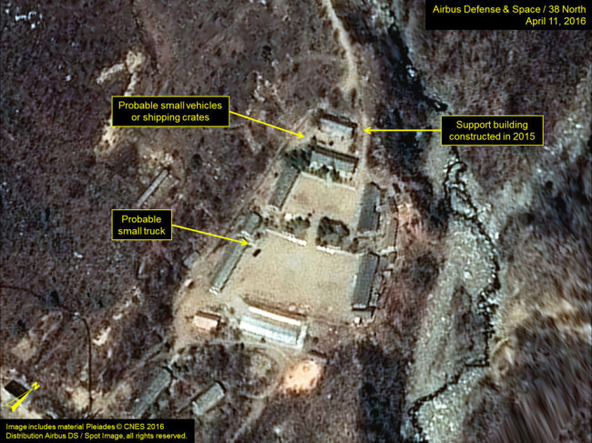 An satellige image, taken on April 11 and provided on April 14 by European defense contractor Airbus Defence and Space and the U.S.-Korea Institute at Johns Hopkins School of Advanced International Studies, shows increased activities at North Korea's nuclear test site in the northeastern town of Punggye. (Yonhap)