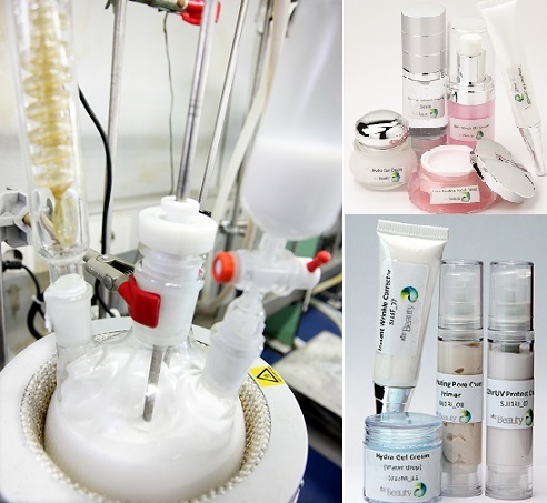 지난해 광저우에서 열린 중국 최대 화장품 원료 전시회인 PCHi(Personal Care and Homecare ingredients) 에 부스를 설치하고 제품의 우수성을 알린 KCC (왼쪽). 실리콘을 이멀션(유탁액)과 혼합해 만든 화장품용 실리콘 제품.