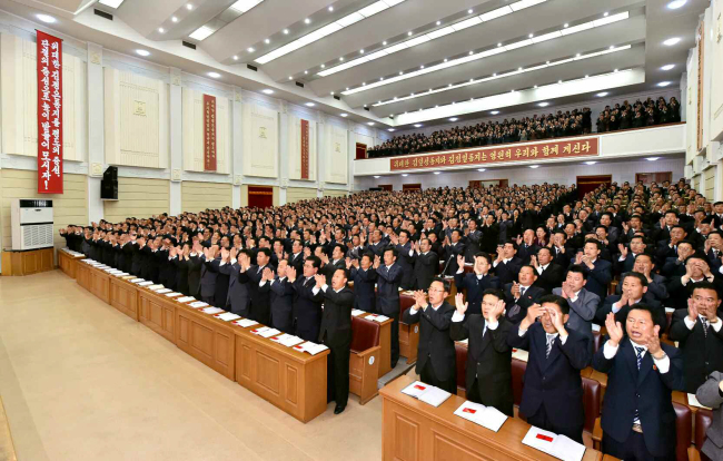 Representatives of the North Korea's ruling Workers' Party of Korea in the South Pyongan Province applaud after the state leader Kim Jong-un was selected to represent the mid-western province for the upcoming party convention in May. (Yonhap)