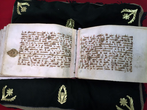 The oldest text of the Qarawiyyin library, a ninth century Quran written on leather with Kufic calligraphy, in Fez, Morocco, on April 14. (AP-Yonhap)